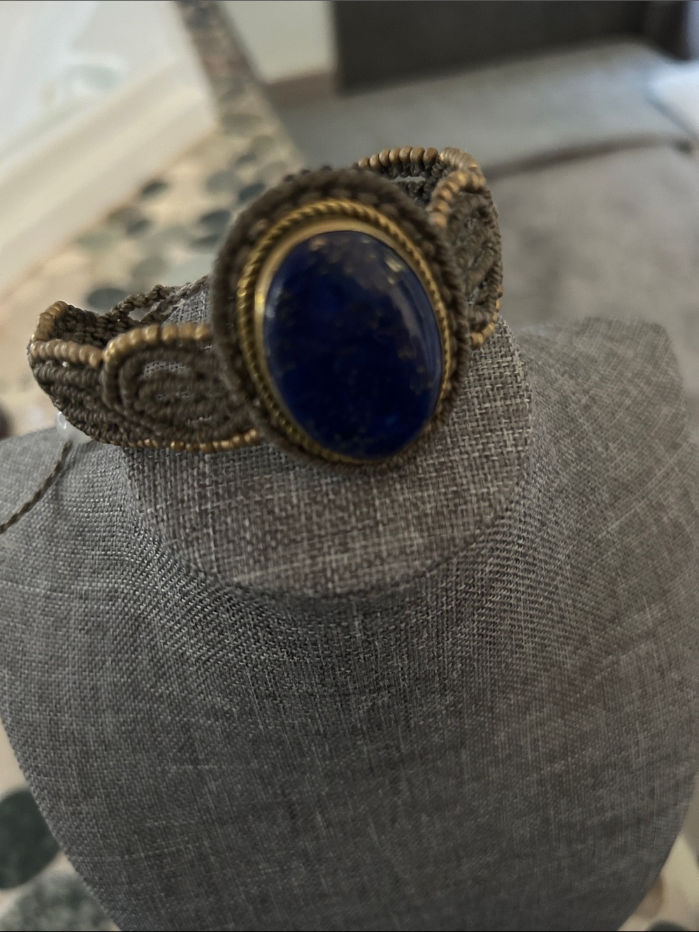 Blue Stone Macramé Bracelet with Brass Accent